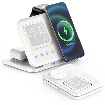 IHAO 5in1 Multi Functional Wireless Charger with Digital Clock 15W Fast Charge Night Light Temperature Display MagSafe Compliant for iPhone iWatch and Qi Headphone-DH13 White - color: 5IN1 MagSafe Compliant DH13 White