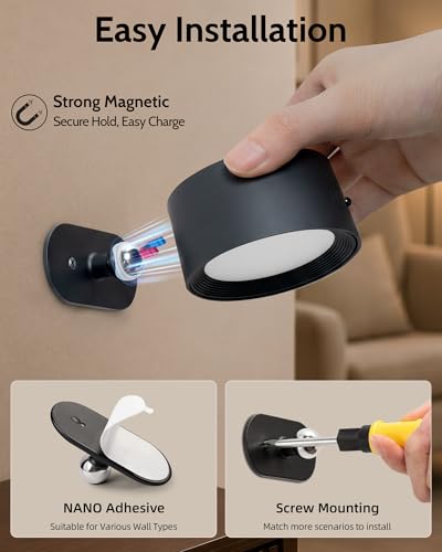 LED Wall Mounted Lights, Rechargeable Wall Sconces, 3 Color Temps, Remote & Touch, 360° Rotating and Dimmable for Bedroom, Bedside & Reading (Black, 2 Pack) - color: Black