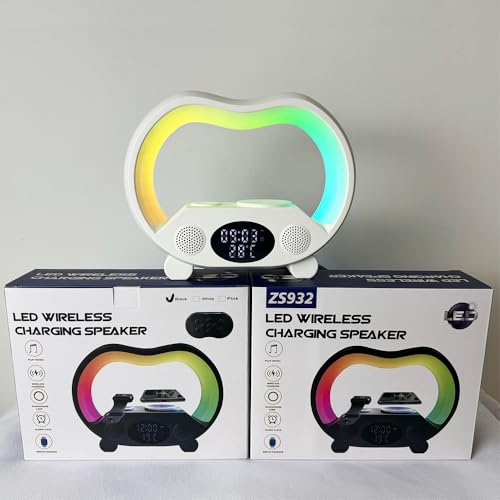 IHAO 6in1 Wireless Charging Station with Bluetooth Speaker Time&Temperature Display Alarm Clock 7-Color LED Night Lights Fast Charger for Phone, Apple Watch, Earbuds Remote Control Auto Shutoff-White - color: 6in1 Wireless Charger Alarm Clock ZS932 White