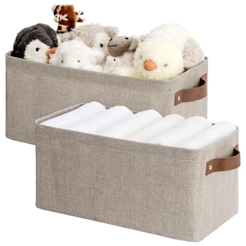 StorageWorks Narrow Storage Bins, Long Baskets, Brown and Beige, 2-Pack | With Metal Frame, Sturdy Structure, PU Handles, Toilet Paper Storage, Small Storage Bins, For Bathroom, Closet, Shelf - color: Brown and Beige, size: 15"L x 7¾"W x 7¼"H
