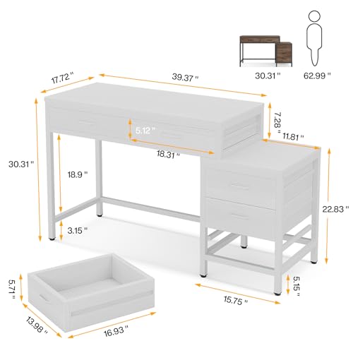 Tribesigns Vanity Desk with 5 Drawers, Makeup Vanity Table | Dressing Table with Side 3-Drawer Chest, Make Up Vanities for Women, Girls (Without Mirror), White - style: White