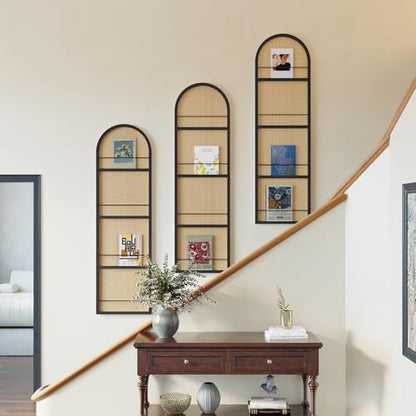 Rattan Room Divider with Bookshelf,Foldable Privacy Screen Partition,Wooden Frame,Natural Portable for Living Room,Bedroom Home,Office Reading Nook (Black, 3 Panels) - color: Black