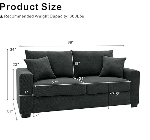 Loveseat Sofa, 69" Modern Upholstered 2-Seater Couch with 2 Throw Pillows, Deep Seat Thick Cushions, Wide Arms & High Density Foam, Small Couch for Bedroom Apartment (Dark Gray, Foam) - color: Dark Gray