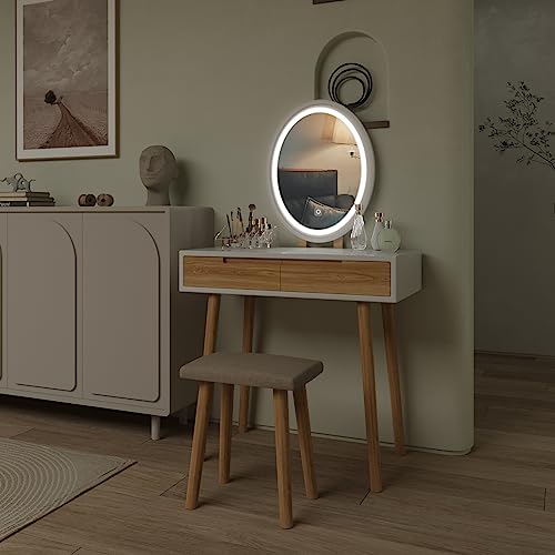 YOURLITE Makeup Vanity Desk with Lighted Mirror & Stool | 31.5" Makeup Table, 3 Lighting Modes, Adjustable Brightness, 2 Drawers, Cushioned Stool, Oval Mirror - size: 31.5", style: Oval Mirror Wood