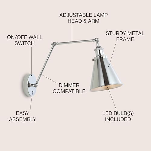 JONATHAN Y Rover 1-Light Wall Sconce 7", Chrome | Adjustable Arm, Hardwired Bedside Reading Swing Arm, Farmhouse Cone Shade, Metal Hardwired Indoor Fixture, LED Bulbs Included - color: Chrome, size: Set of 1
