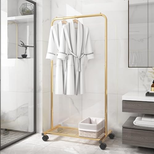 Simple Trending Clothes Garment Rack, Clothing Rack, Golden Yellow | Commercial Portable Closet with Mesh Storage Shelf, Anti-Slip Stoppers, 360° Wheels, Bedroom, Laundry Room - size: Single Shelf
