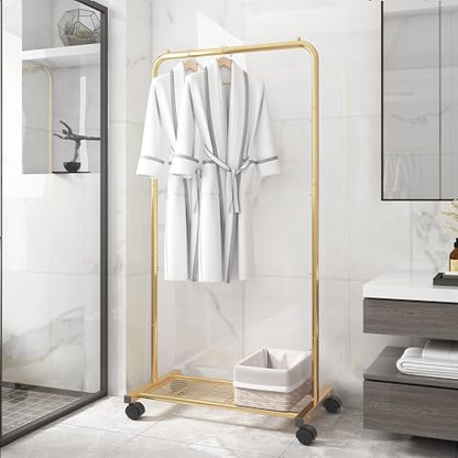 Simple Trending Clothes Garment Rack, Clothing Rack, Golden Yellow | Commercial Portable Closet with Mesh Storage Shelf, Anti-Slip Stoppers, 360° Wheels, Bedroom, Laundry Room - size: Single Shelf