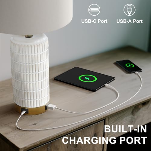 PoKat Small Bedside Table Lamps with USB Ports for Bedroom, 21.5'' White Nightstand Lamps for Night Stands, Modern Ceramic Bedroom Lamps for Living Room End Table, White and Beige - color: 21.5'' Small - White and Beige