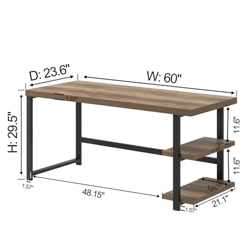 60 Inch Home Office Desk, Large Computer Desk with Storage Shelves, Modern Wood and Metal Writing Study Gaming Table Workstation for Living Room, Rustic Oak - color: Rustic Oak, size: 60 inch