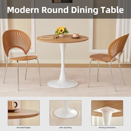 Round Dining Table, 31.5" Circle Tulip Table with Thickened Tabletop & Metal Pedestal, Mid Century Modern Bistro Table for Kitchen, Small Places, Living Room, Cafe (Faux Oak) - color: Faux Oak, size: 31.5"