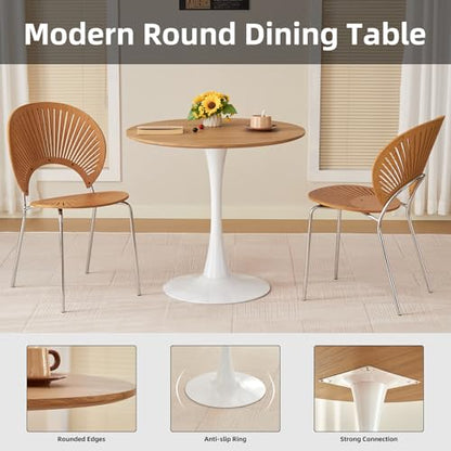 Round Dining Table, 31.5" Circle Tulip Table with Thickened Tabletop & Metal Pedestal, Mid Century Modern Bistro Table for Kitchen, Small Places, Living Room, Cafe (Faux Oak) - color: Faux Oak, size: 31.5"