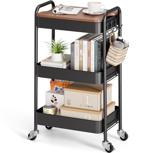 TOOLF 3 Tier Rolling Cart, Metal Utility Storage Cart with Wheels, Black | Wooden Tabletop, 3 Hooks, Screwless Assembly, Lockable Wheels, Organizer for Bathroom, Kitchen, Office, Dorm, Craft Room - color: Black