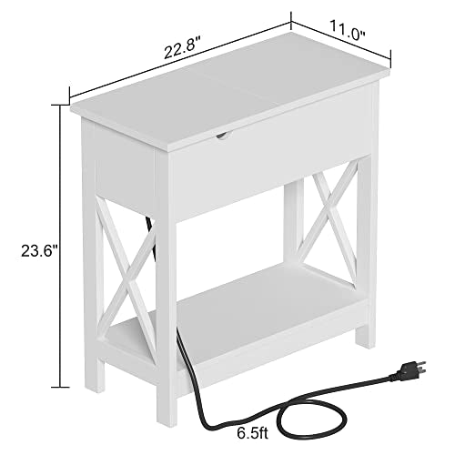 ChooChoo End Tables Living Room Set of 2, Side Table with Charging Station | Narrow Flip Top Side Table, Nightstand Sofa Table for Living Room, Bedroom, White - color: White