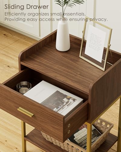 Masupu Nightstand, 3-Tier Modern Bedside Night Stand with Storage Drawer and Shelf, Small End Side Table for Bedroom, Living Room, Walnut - color: Brown Walnut