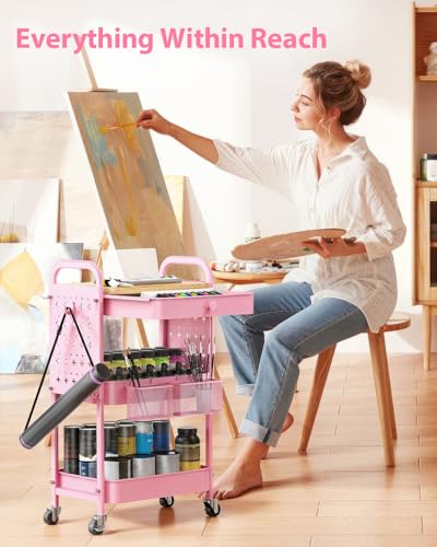 ALVOROG 3 Tier Metal Rolling Cart with Drawer,Wood Top,Pegboards,Pink | Storage Utility Cart with Drawers,Pegboards,Lockable Wheels,Baskets,Hooks for Kitchen,Office,Bedroom,DIY Supplies - color: Cherry Blossom Pink