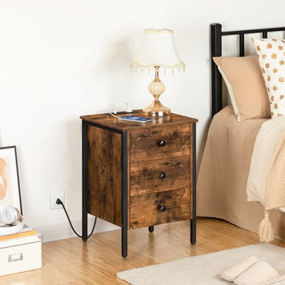 HOOBRO Nightstand with Charging Station, Side Table with 3 Drawers and Storage Shelf, End Table with USB Port, Retro Industrial Style Bedside Table, for Living Room, Bedroom, Rustic Brown BF461BZ01G2