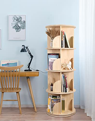 Bear Qiaqia 4 Tier Rotating Bookshelf, 360° Wooden Spinning Bookcase | Spinning Bookshelf Tower with Large Capacity for Small Space, Narrow Bookcase Storage for Bedroom, Living Room - color: 4 Tier