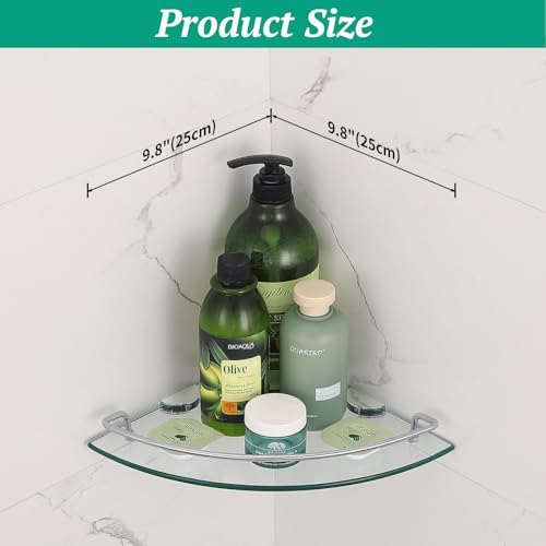 2 Ties Glass Corner Shelf with SUS 304 Stainless Steel Rail Chrome Finished, Esquinero para baños, Rustproof Tempered Glass Shelf, Shower Caddy Organizer 9.8" x 9.8" - size: 2 PACK With Rail