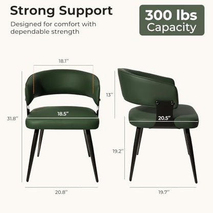 Dining Chairs Set of 2, Modern Upholstered Faux Leather Kitchen Chairs with Curved Back, Easy to Assemble & Clean for Dining Room, Restaurant, Cafe, Green | Faux Leather Upholstery, Curved Back, Metal Legs, Easy Clean, Dining Room, Kitchen, Breakfast Nook