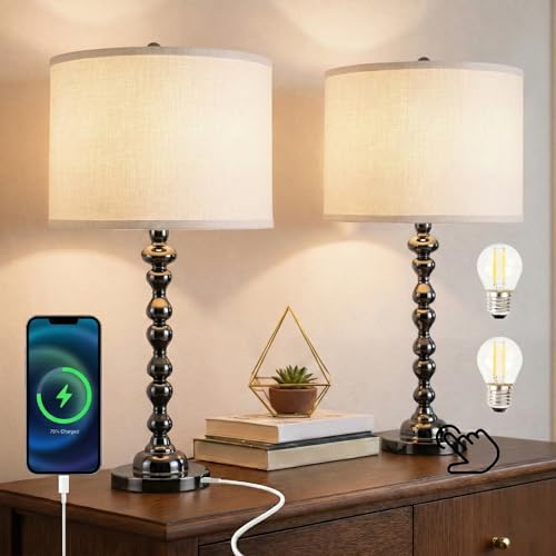 Modern Gourd Table Lamps Set of 2, Touch Control Bedside Lamp for Nightstand with USB Ports, 3-Way Dimmable Nightstand Lamps for Living Room Bedroom Table, Black - color: Black