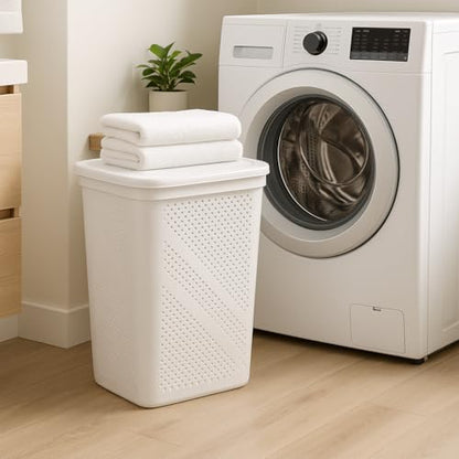 24 Inch Plastic Laundry Hamper with Hinged Lid – Space-Saving Rectangular Clothes Basket, Ventilated Design, Lightweight Laundry Organizer for Bedroom, Bathroom & Closet, White
