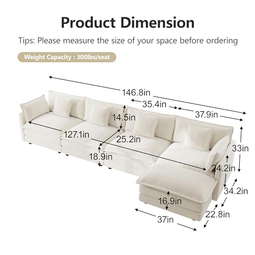Modular Sectional Sofa, 146.5 Inch L Shaped Couch Set for Living Room, 4-Seater Comfy Cloud Couches with Movable Ottoman, DIY Combination, Chenille, Beige - color: Beige, size: 146.5 Inch- L
