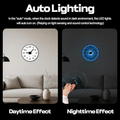 Night Light Wall Clocks Battery Operated, 8 Inch Silent Wall Clock for Bedroom Night Glow, Sound Control Luminous Wall Clocks for Living Room Decor, LED Wall Clock Modern for Kitchen Office - size: 8 Inch