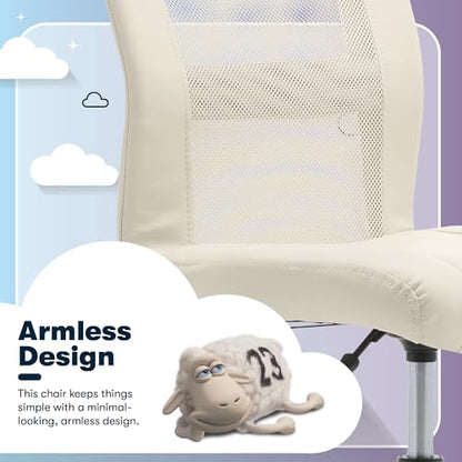Serta Armless Small Home Desk Chair with Wheel, Ergonomic Mesh Office Chair | Essentials, Leather & Foam Cushioned Seat, Adjustable Height, Bedroom & Small Space Vanity Chair, 360° Swivel, Cream White - color: Cream White