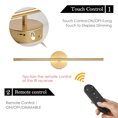 KARTOOSH Battery Operated Wall Sconces Set of Two Wireless Wall Lights | Rechargeable Wall Sconce with Remote 350°Rotate Dimmable 3000K LED Wall Lamp for Living Room, Bedroom - color: Gold, size: 20.4 Inches