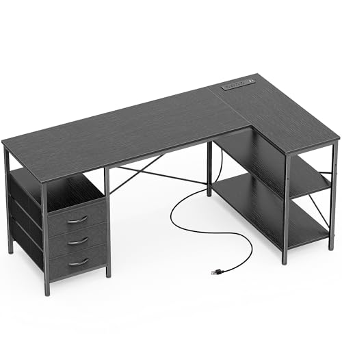Huuger L Shaped Office Desk with Power Outlets & 3 Drawers | 55 Inch Computer Desk with Shelves, Reverisble for Gaming Corner Work Home Office Study, Black - color: Black, size: 55inch