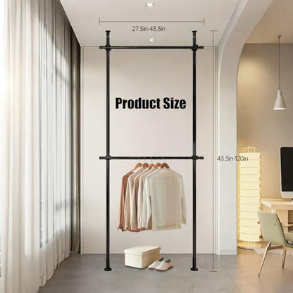 Heavy Duty Double Bar Clothing Rack – Adjustable Floor-to-Ceiling Clothes Rack, 2 Crossbars 220 lbs Capacity Each, Heavy-Duty Carbon Steel, No-Drill Installation, for Laundry Room, Bedroom & Boutique