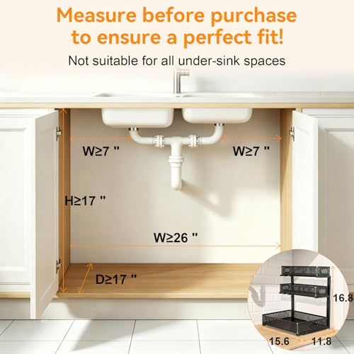 3 Tier Adjustable Under Sink Organizer for Bathroom & Kitchen(1Pack, Black) | 35% More Storage, 5 Adjustable Heights, Sliding Pull Out,No Sliding, Heavy-Duty Steel Frame, Multi-Purpose Cabinet Organizer - color: Black, size: 1 Pack
