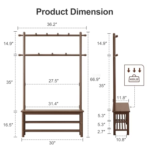 AQIMUELE Coat Rack with Shoe Storage, Wooden Hall Tree with Bench, 11 Hooks and 2-Tier Storage Shelves, 3-in-1, Entryway Bench with Coat Rack (39.3"-Walnut) - color: Walnut, size: 39.3"
