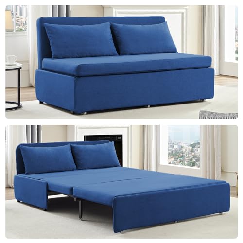 BALUS 43" W Queen Size Sleeper Couch Bed Pull Out Sofa with Pullout Beds, 2 in 1 Convertible Linen Single Sleepers Sofas Chair with Foldable Mattress and Pillows for Small Space Apartment, Blue - color: Blue, size: Queen