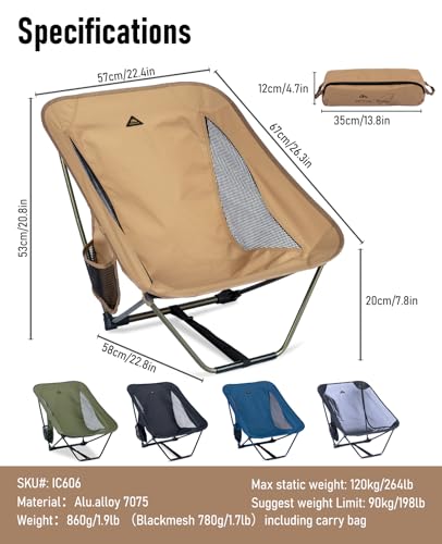 Low Ultralight Compact Folding Chair (Khaki) | with Side Pocket and Carry Bag, for Camping Backpacking Hiking - color: Khaki