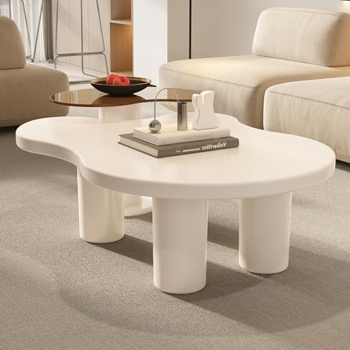 Modern Nesting Coffee Table Set of 2 Irregular Cloud Shape Cream White Center Table Space Saving eAccent Tables for Living Room Apartment Bedroom Office Minimalist Decor