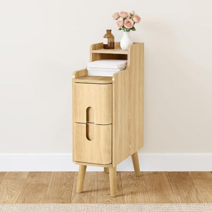 FurSch Narrow Nightstand, Wooden 2 Drawer, Natural, 1 pc | Slim Side End Table, Skinny Bedside Table, Mid Century Modern, with Drawers for Bedroom - color: Natural 3-1 Pc