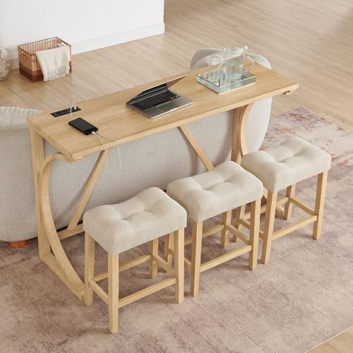 59" Dining Bar Table Set with Power Outlet, Behind Couch Sofa Table with 3 Padded Stools, 5 Piece Bar Table and Chairs Set for Living Room, Dining Room, Light Oak - color: O1-oak