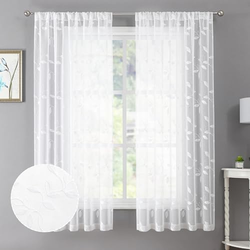 Tollpiz White Leaf Sheer Curtain Bedroom Short 38 x 45 Inches | Leaves Embroidered Curtains Rod Pocket Voile Window Treatments for Living Room, Set of 2 Panels - color: White, size: 38"W x 45"L (Pack of 2)