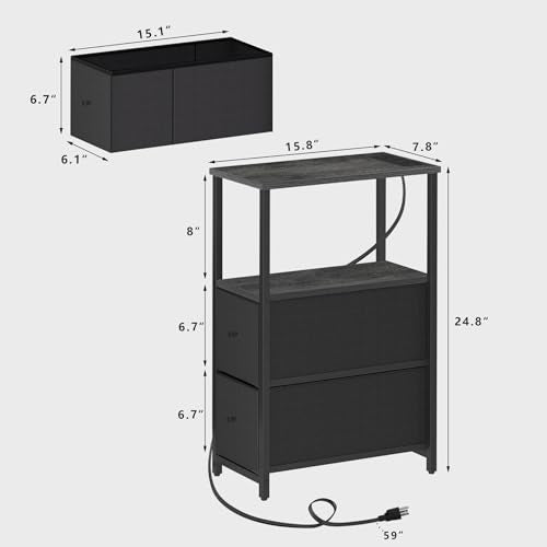 TUTOTAK Narrow LED End Table with Charging Station, Skinny Side Table | Bedside Table with Outlets, Nightstand with 2 Cloth Drawers, Couch Table for Living Room, Bedroom, Charcoal Grey TB01BY056 - color: Charcoal Grey, style: 2 Drawers with Plug & Light