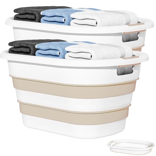 OOAMBB 43L(11.5Gallon) Collapsible Plastic Laundry Baskets (Beige, 2 Packs) | Pop Up Laundry hamper/Storage Container,Foldable Laundry Basket with Large Capacity,Sturdy,Space Saver - color: Beige