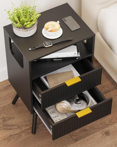 Leomonio Black Nightstand,Modern Bedside Table with 2 Storage Drawer and Open Wood Shelf, for Bedroom and Small Spaces,Night Stand with Solid Wood Legs - color: Black