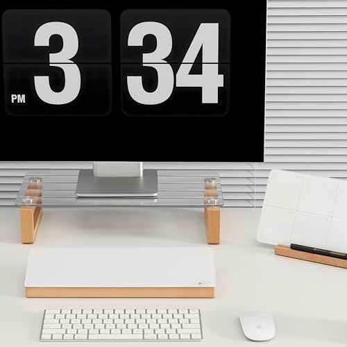YEOUX Multi-Purpose Desktop Stand, Clear Floating Computer Monitor Riser with Natural Wood Base, Desk Organization Shelf for Printer, Laptop, Audio Device, Flat Screen - color: Beech&Clear