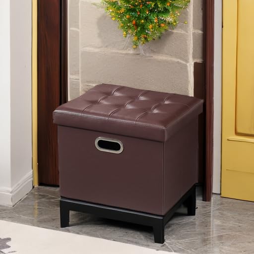 Bsketa Storage Ottoman Bench,17 Inch Folding Leather Foot Rest Stool, Brown | Small Ottoman with Side Pockets, Thicker Foam Padded Seat, Livingroom, Dorm, Bedroom, Easy to install, 43L,17x13x13in - color: Brown-1 Pack