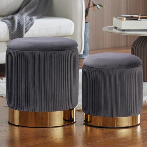 YYW HOME Gray Round Ottoman with Storage Set of 2 | Large storage capacity, Removable Lid, Used for Vanity Stoo,l Assemble Free, Nesting Packing - color: Grey