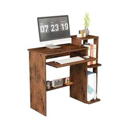 35" Compact Computer Desk with 3-Tier Storage Shelves & Keyboard Tray – Small Study Table for Bedroom or Home Office (Brown) - color: Brown