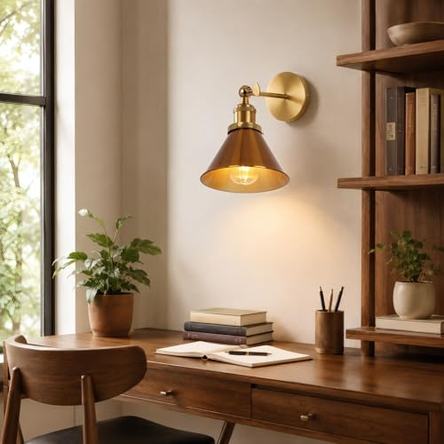 Fandian Brass Gold Classic Industrial Metal Adjustable Arm LED Wall Sconce for Bedside Reading, Farmhouse Swing Arm Wall Lamp with Metal Shade, Hardwired