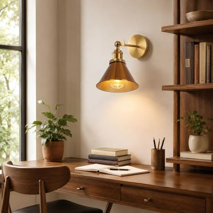 Fandian Brass Gold Classic Industrial Metal Adjustable Arm LED Wall Sconce for Bedside Reading, Farmhouse Swing Arm Wall Lamp with Metal Shade, Hardwired