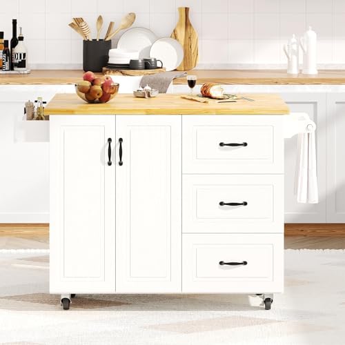 4 EVER WINNER 43" Kitchen Island with Drop Leaf, Rolling Kitchen Island | Modern Design, 4 Wheels, 3 Storage Drawers, Spice Rack & Towel Rack, for Kitchen Dining Room, White - style: Modern