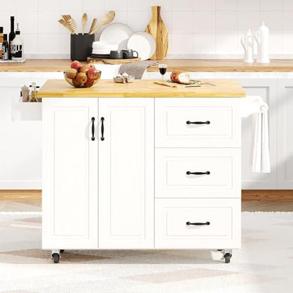 4 EVER WINNER 43" Kitchen Island with Drop Leaf, Rolling Kitchen Island | Modern Design, 4 Wheels, 3 Storage Drawers, Spice Rack & Towel Rack, for Kitchen Dining Room, White - style: Modern
